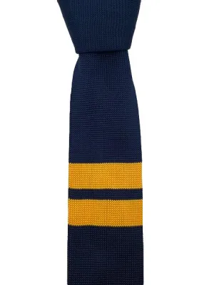 Navy Blue Knitted Tie with Double Mustard Yellow Stripes